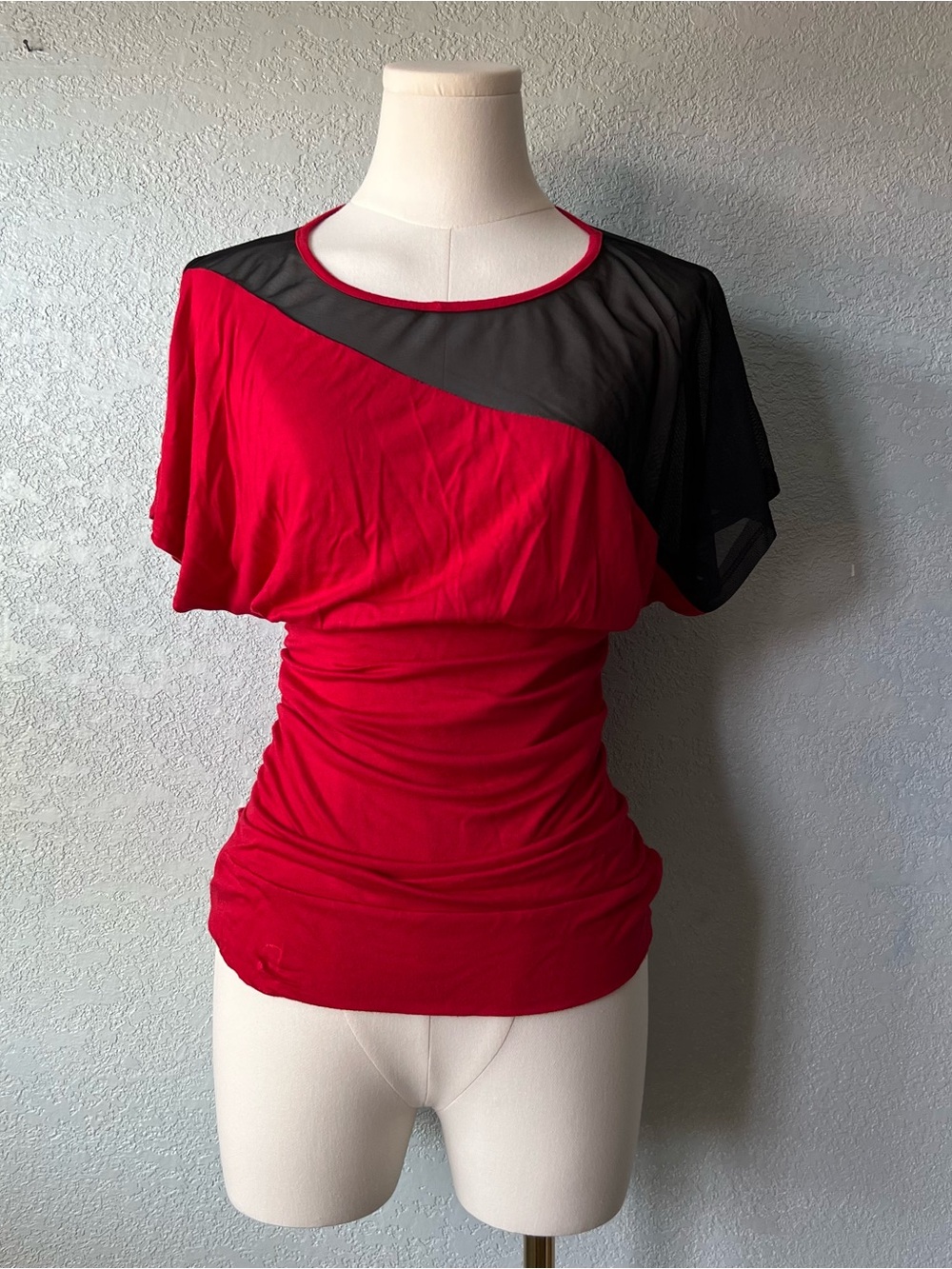Y2K Annabelle USA Women’s Large Red Black Mesh Ruched Blouson Top Short Sleeve